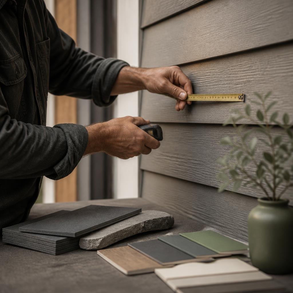 Editorial photograph of a tape measure and siding samples used for project planning