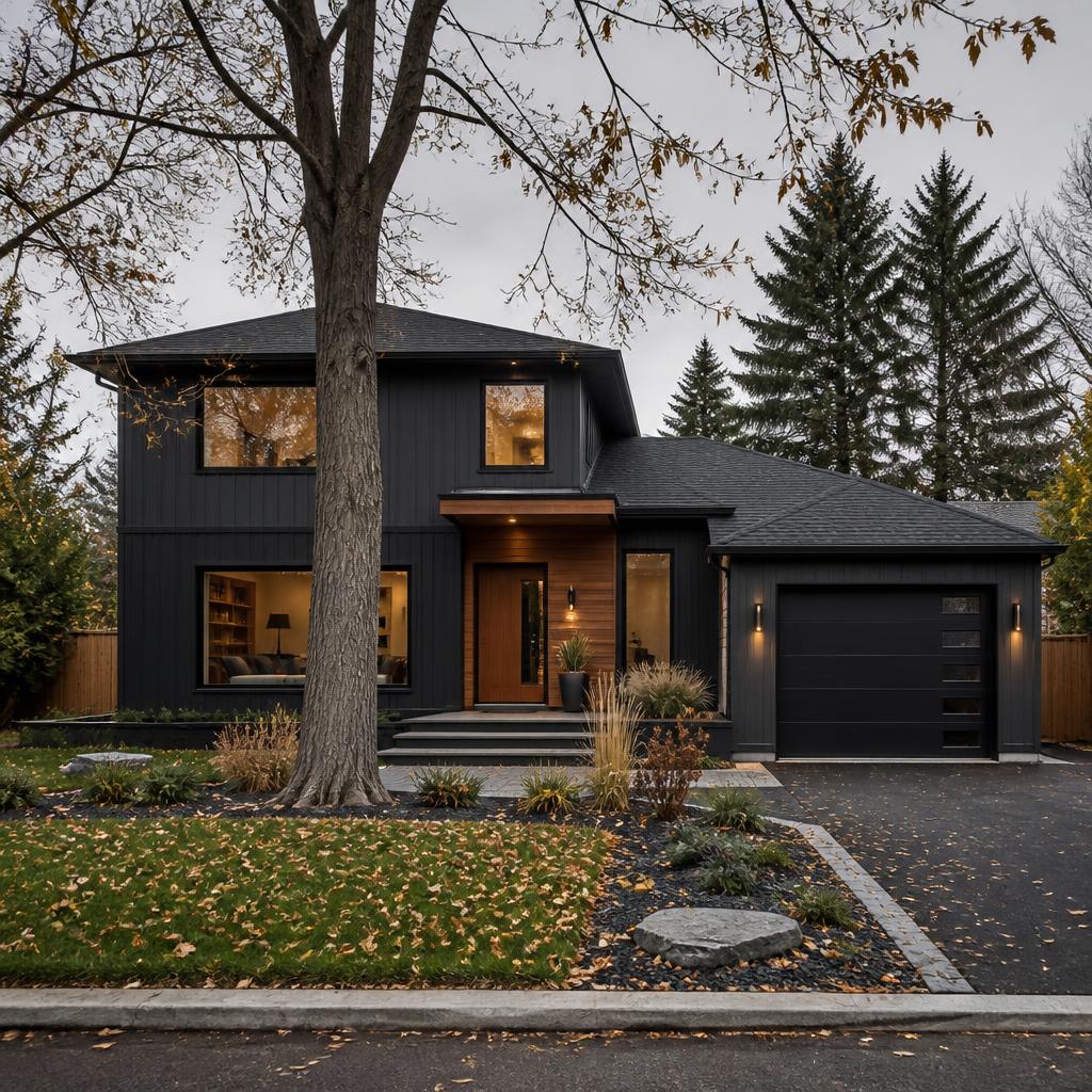 Modern Nepean home exterior with deep charcoal siding and warm wood accents