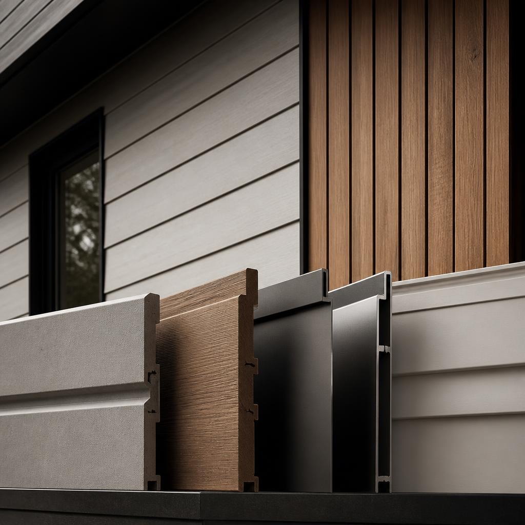 Close-up editorial photograph of vinyl, fibre cement and wood siding profiles